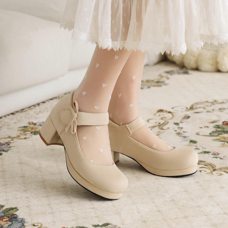 Girls Princess Bow Flats with Buckle Strap - Suede Mid Chunky Heel Shoes
