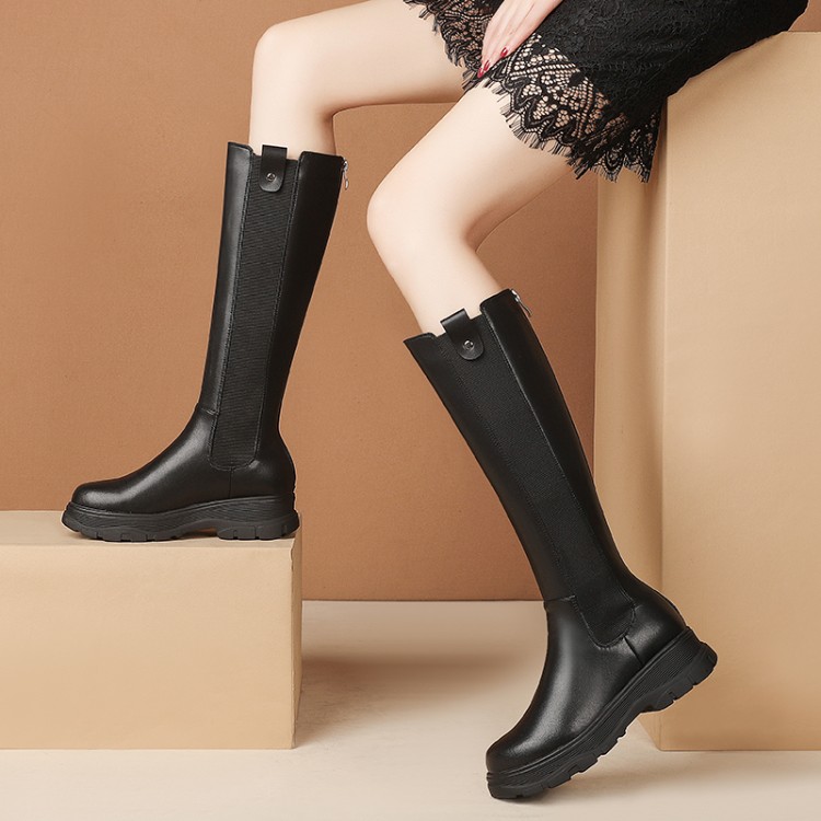 Women's Black Leather Riding Boots - High Tube Platform Sole