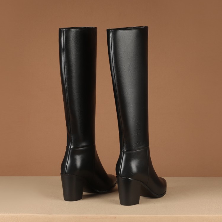 Women's High Shaft Fashion Boots Black Pointed Toe Chunky Heel Slip-On - Image 3