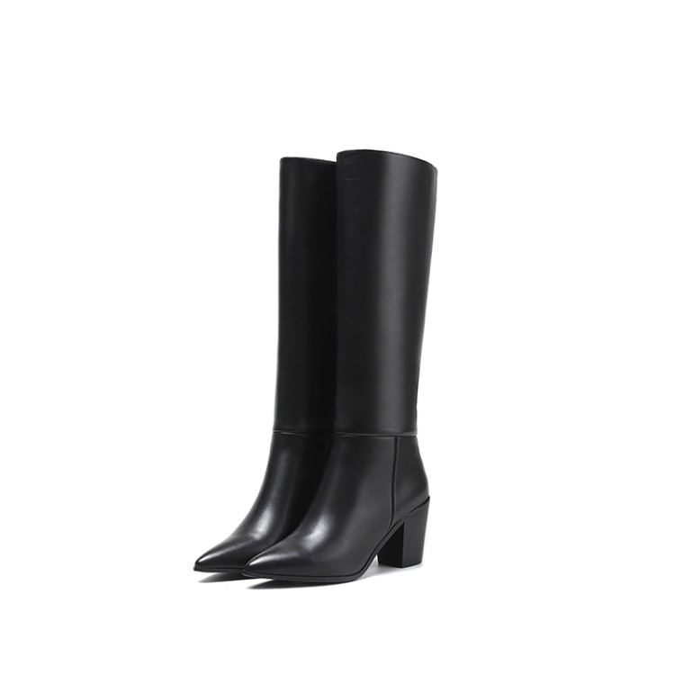 Women's High Shaft Fashion Boots Black Pointed Toe Chunky Heel Slip-On - Image 4