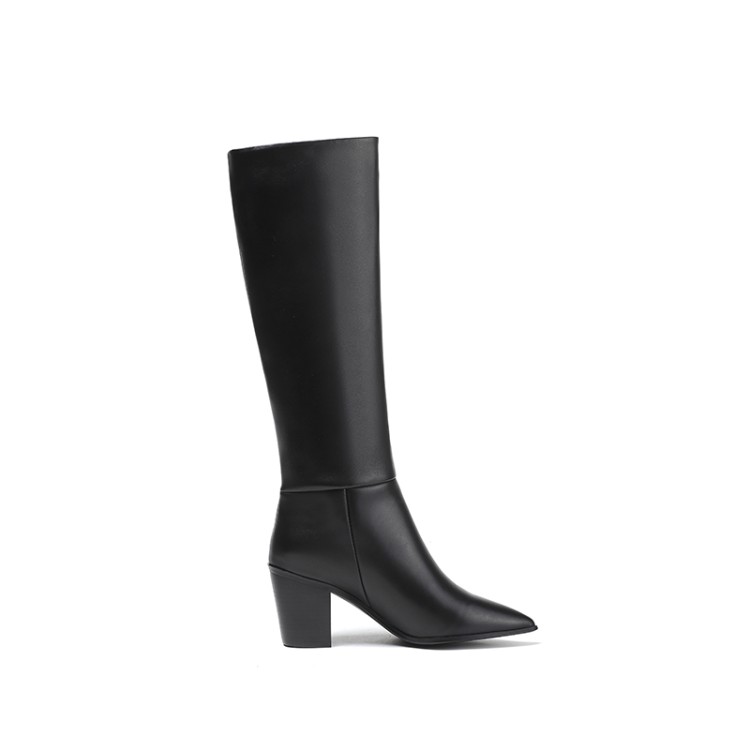 Women's High Shaft Fashion Boots Black Pointed Toe Chunky Heel Slip-On - Image 5