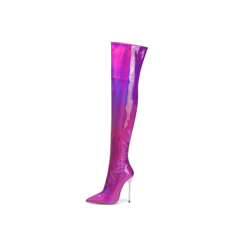 Sexy Laser Gold Pink Purple Pointed Toe Stiletto Heel Long Fashion Boots - Image 5