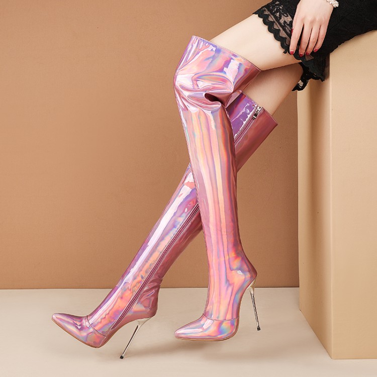 Sexy Laser Gold Pink Purple Pointed Toe Stiletto Heel Long Fashion Boots - Image 3