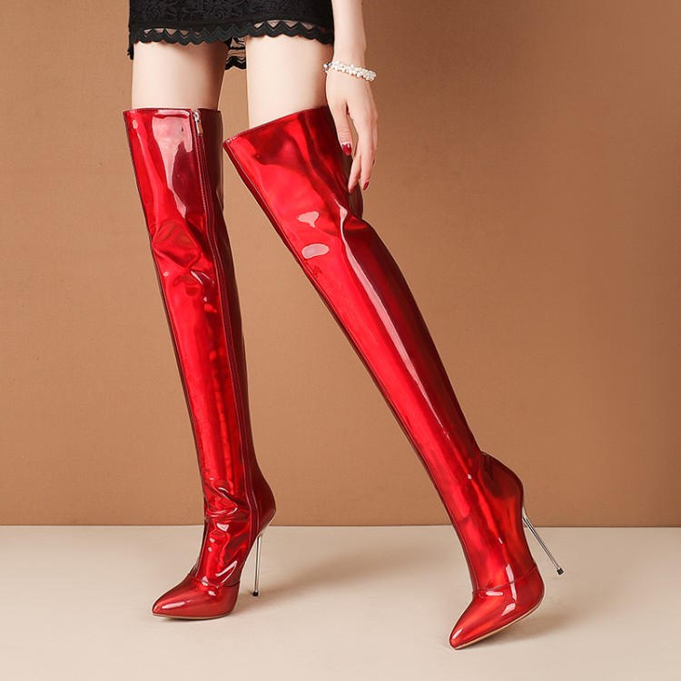 Sexy Laser Gold Pink Purple Pointed Toe Stiletto Heel Long Fashion Boots - Image 2