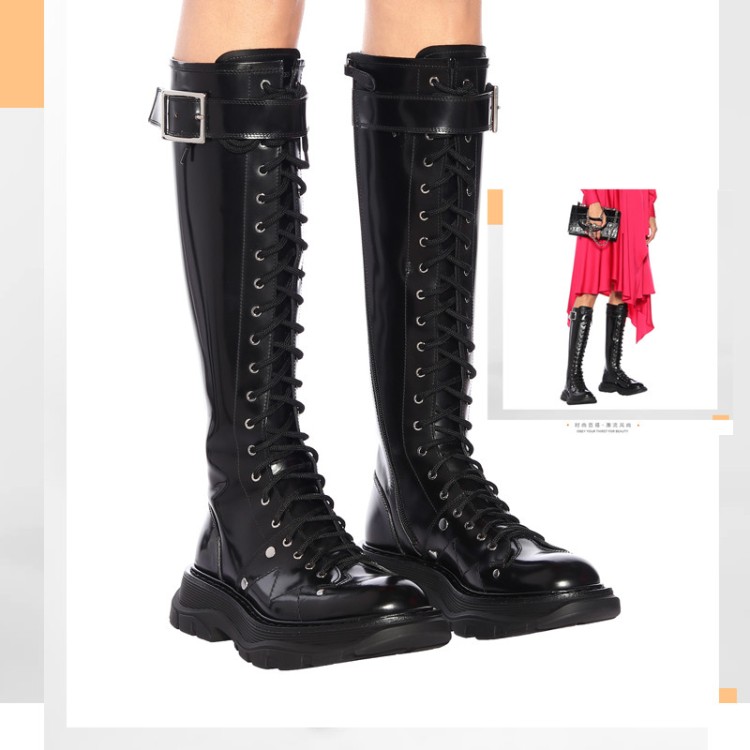 Women's Black Leather Knight Boots - High Tube Platform Sole