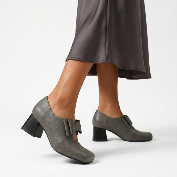 Mary Jane Shoes with Bow, Chunky Mid Heel, Square Toe, PU Upper, Rubber Sole - Image 2