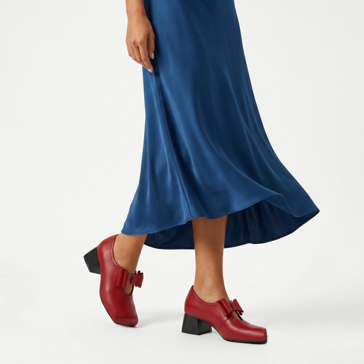 Mary Jane Shoes with Bow, Chunky Mid Heel, Square Toe, PU Upper, Rubber Sole - Image 4