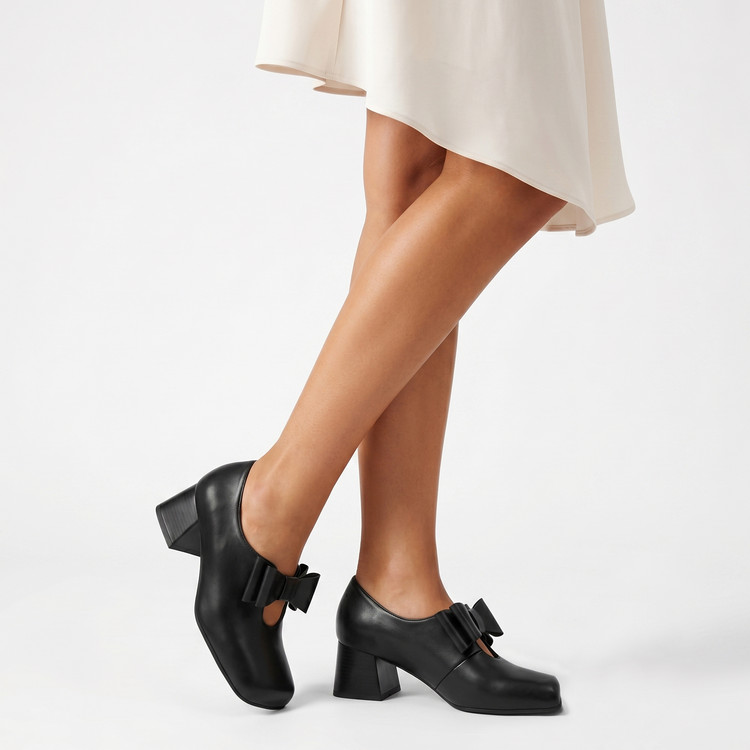 Mary Jane Shoes with Bow, Chunky Mid Heel, Square Toe, PU Upper, Rubber Sole - Image 5