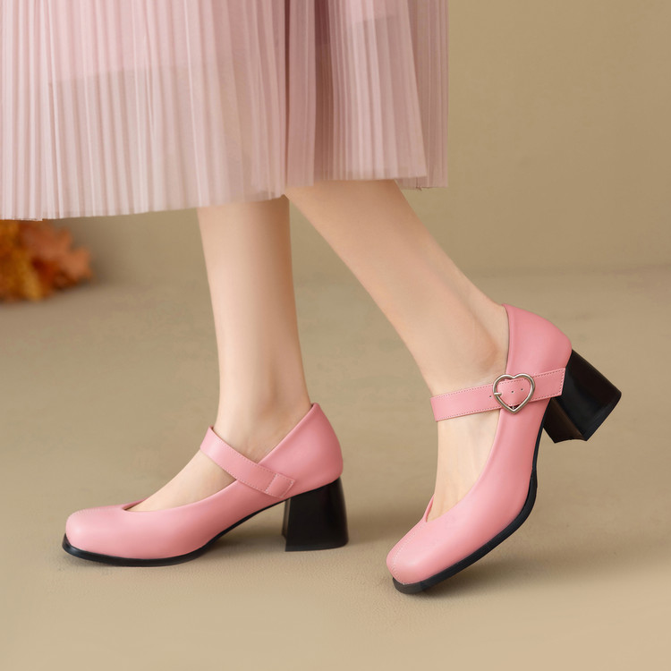 Mary Jane Shoes Women Retro Square Toe Chunky Mid Heel Buckle Strap