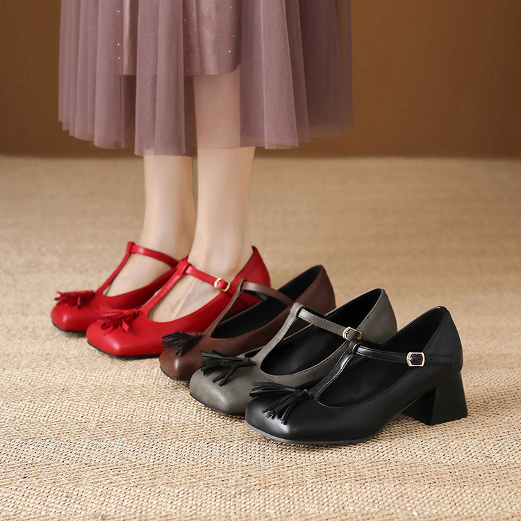 Mary Jane Shoes Women's T-Strap Chunky Mid Heel Square Toe PU