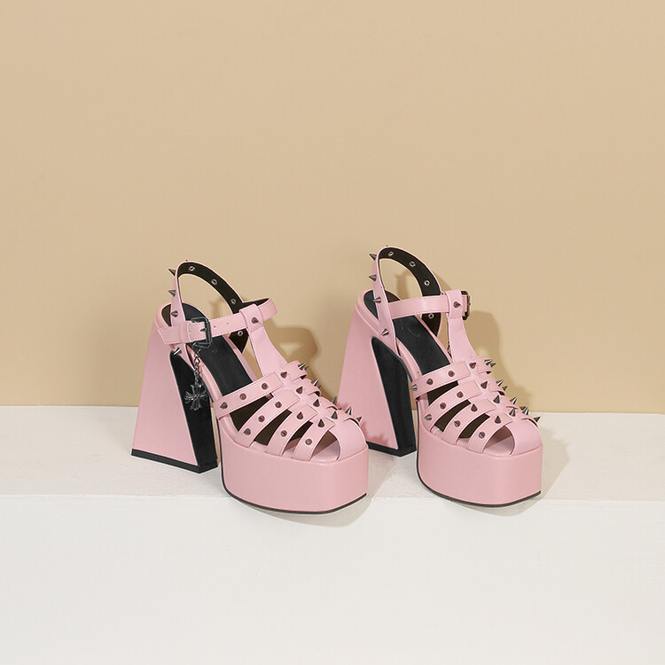 Women's White Pink PU Sandals with Studs and Chunky High Heel